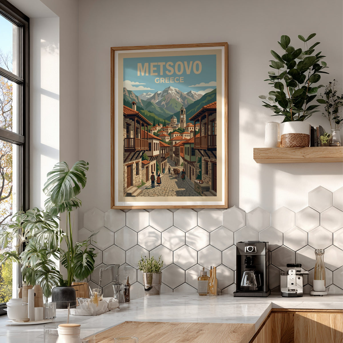 Poster of Metsovo Greece featuring a stone village, mountain peaks, and local figures.