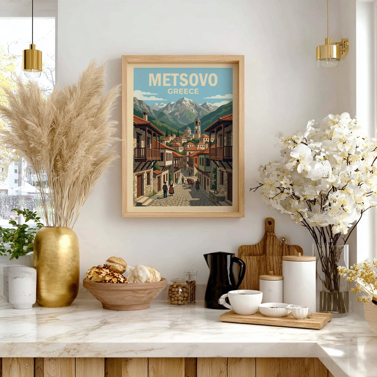 Poster of Metsovo Greece featuring a stone village, mountain peaks, and local figures.
