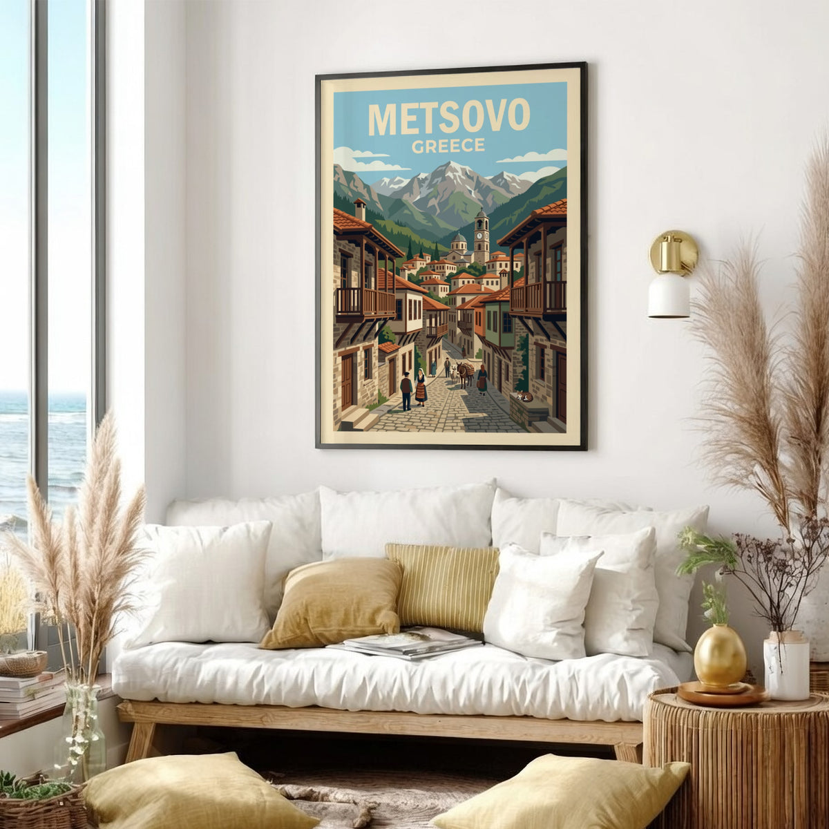 Poster of Metsovo Greece featuring a stone village, mountain peaks, and local figures.