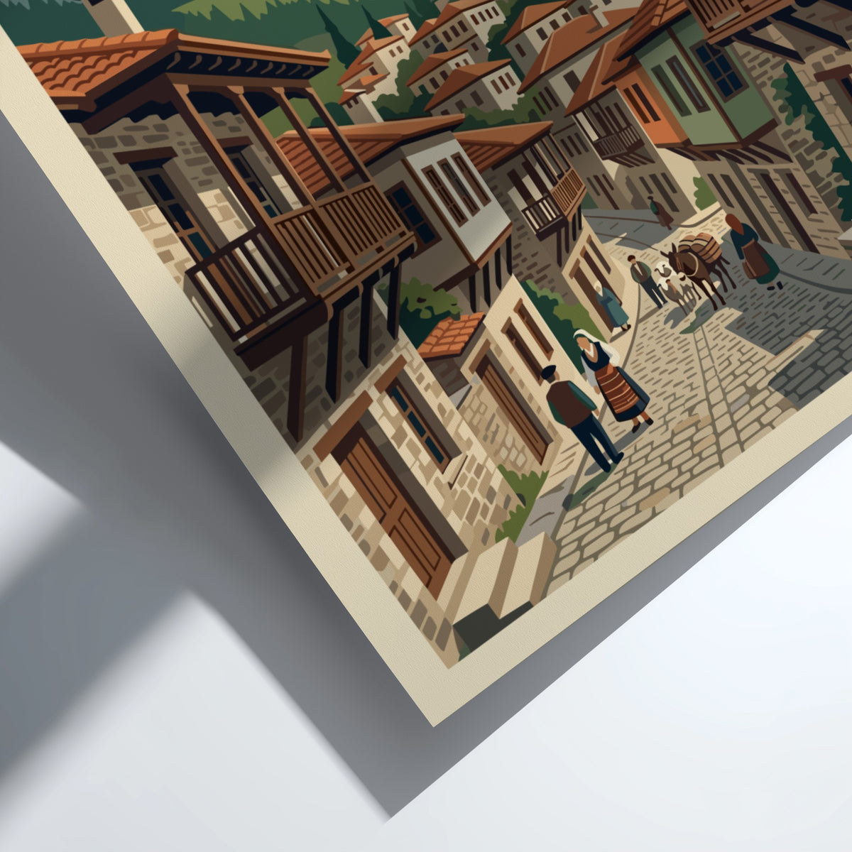 Poster of Metsovo Greece featuring a stone village, mountain peaks, and local figures.