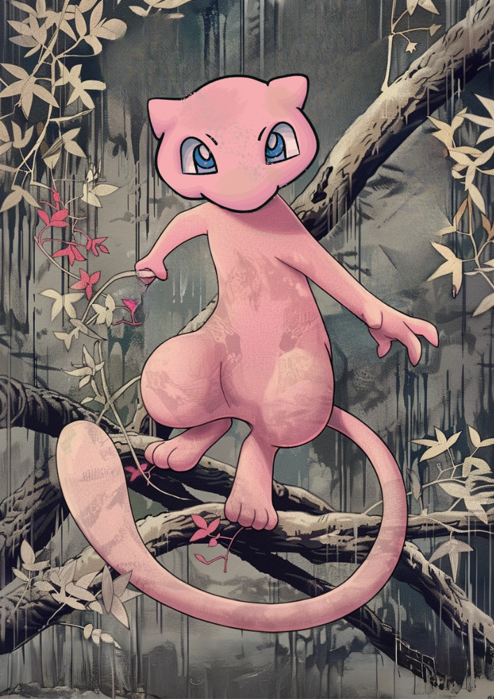 Mew Poster: Japanese Tapestry Style Pokemon Anime Poster, Mew Artwork