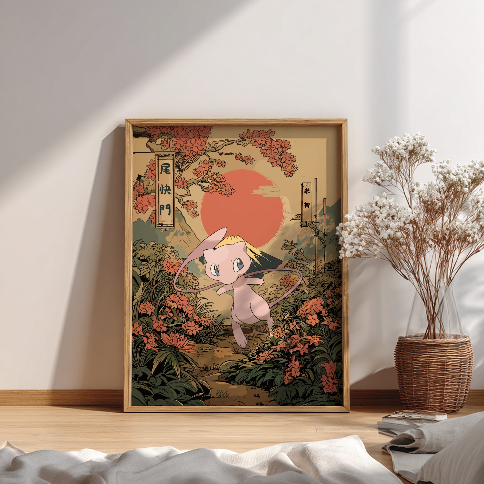 Framed artwork of Mew Pokemon character in a garden setting on a wall.