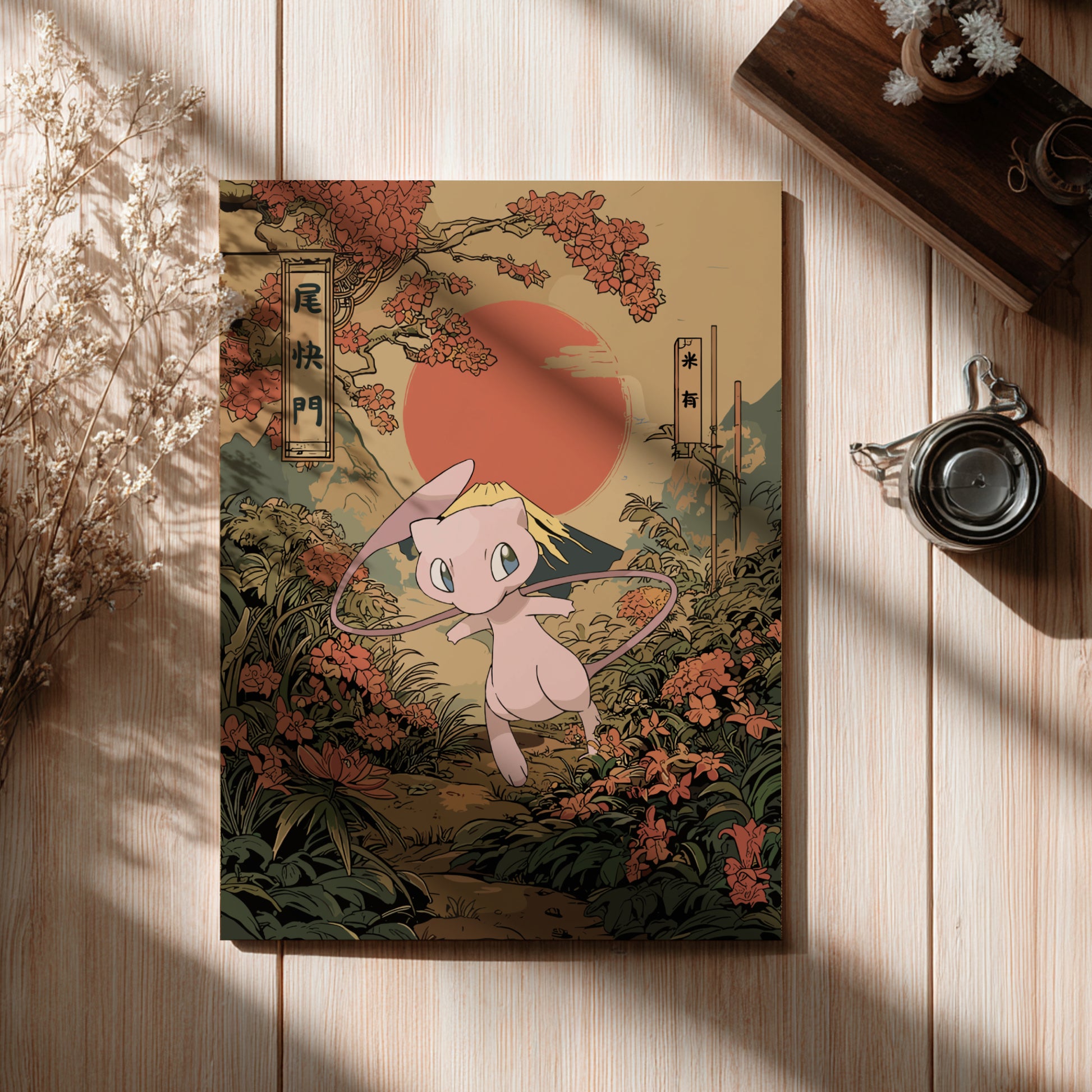 Mew Pokemon character on a wooden surface with a scenic background