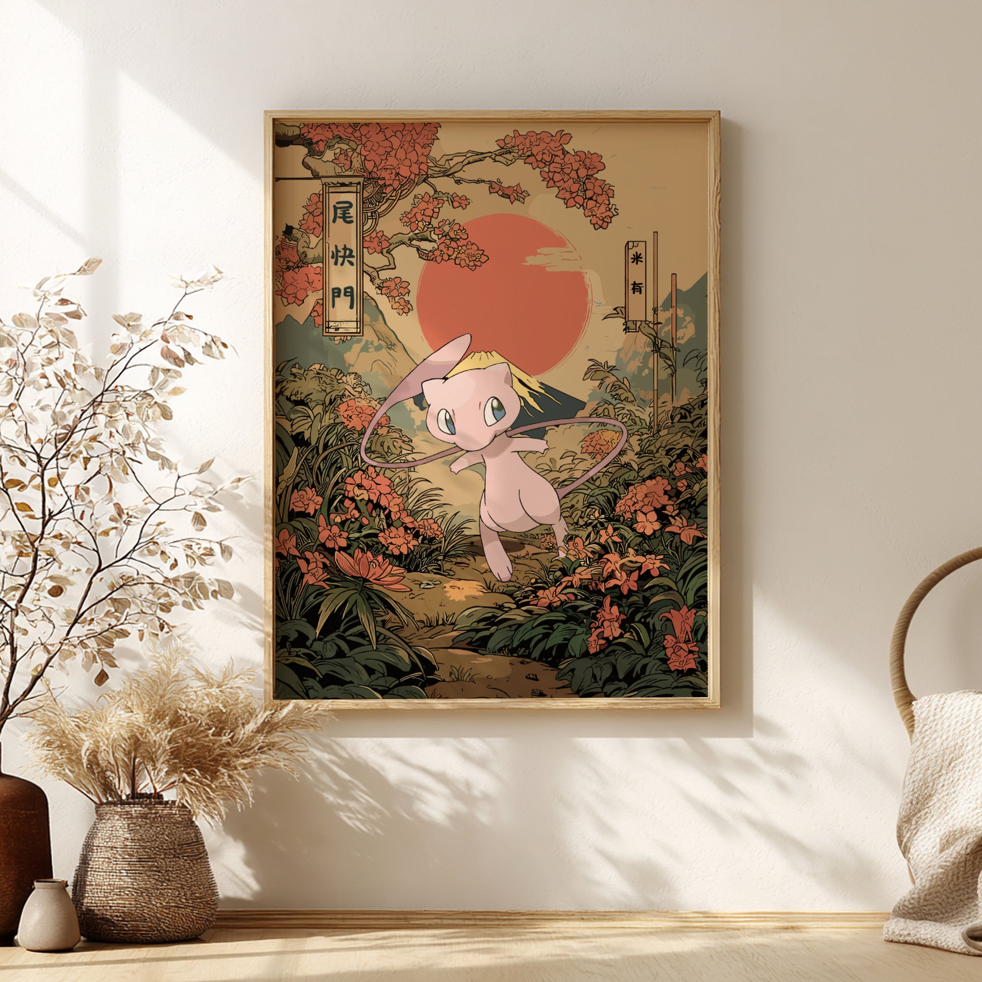 Framed artwork of Mew Pokemon character in a garden with flowers and a sun, on a wall with decorative elements.