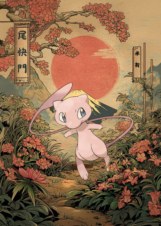 Mew Pokemon character in a stylized Japanese garden with cherry blossoms and a red sun.