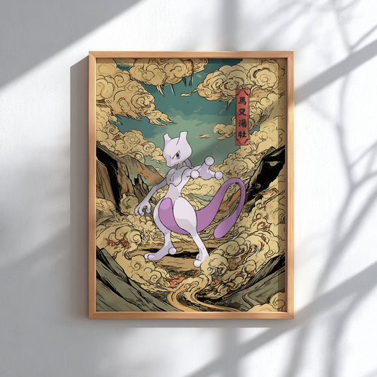 Framed artwork of Mewtwo Pokemon character in a dynamic pose with a stylized mountain and cloud background.