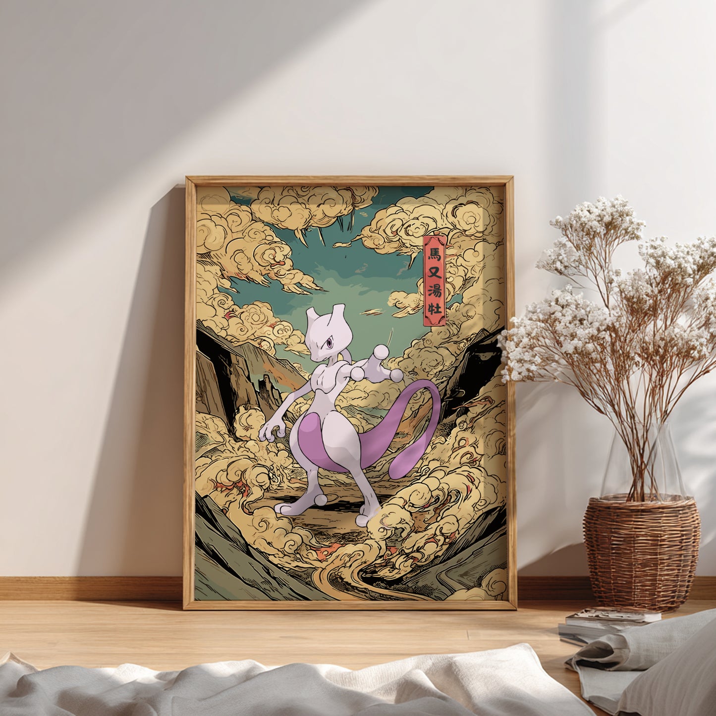 Framed artwork of Mewtwo Pokemon character on a wall with a vase and decor items below.