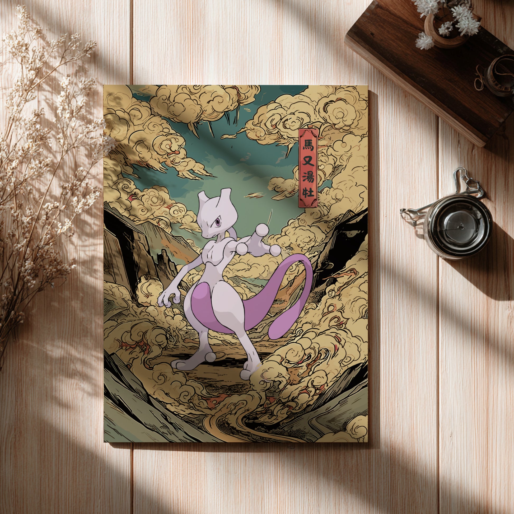 Mewtwo character on a decorative card with cloud design on a wooden surface