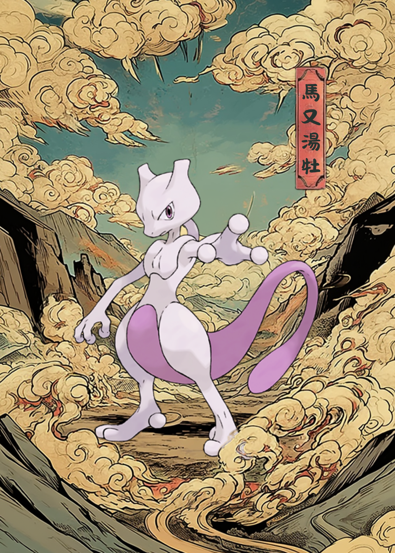 Mewtwo Pokemon character with a long tail in a dynamic pose against a cloud-filled sky.