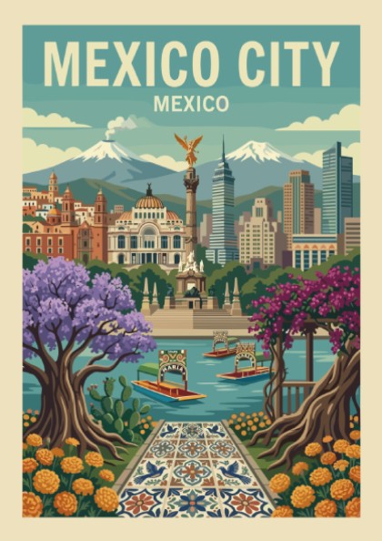 Retro Mexico City travel poster with landmarks, colorful trees, and boats. Travel art print.