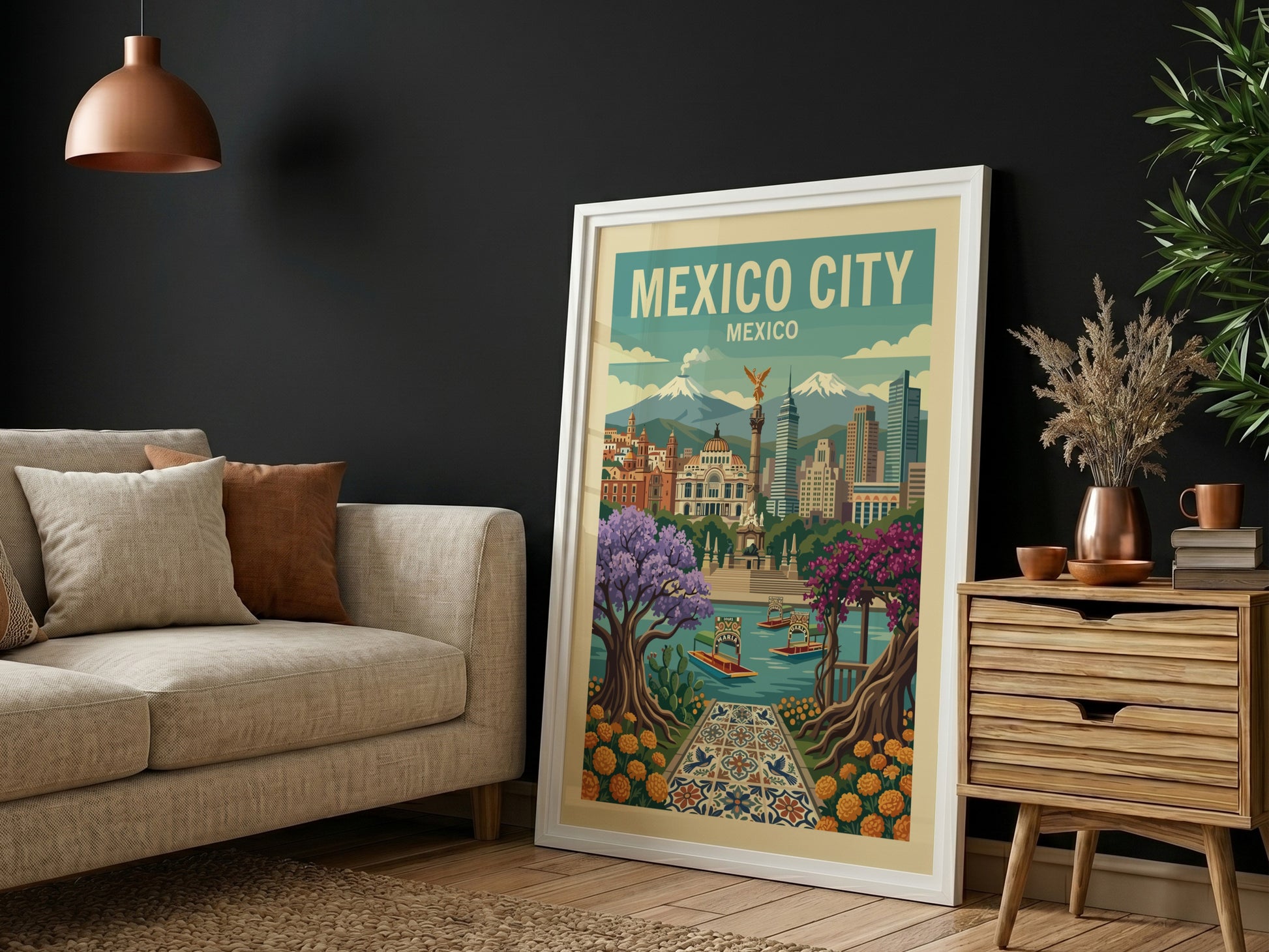 Retro Mexico City travel poster with landmarks, colorful trees, and boats. Travel art print.