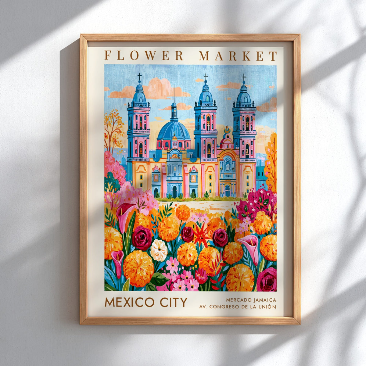 Flower market poster featuring vibrant colors and city architecture