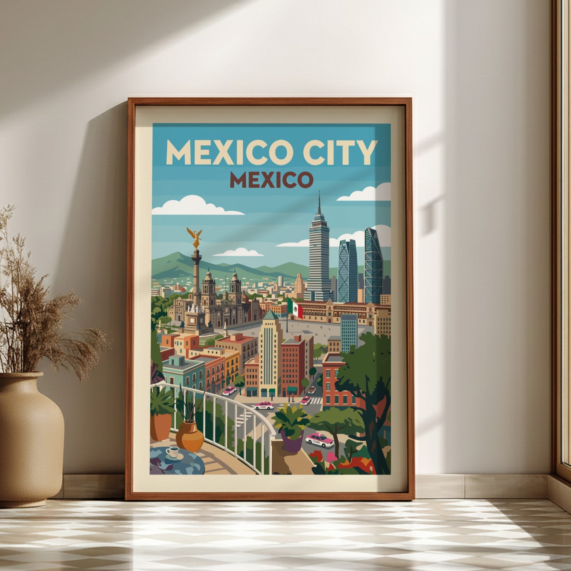 Vintage style poster of Mexico City skyline featuring the Angel of Independence and modern skyscrapers.