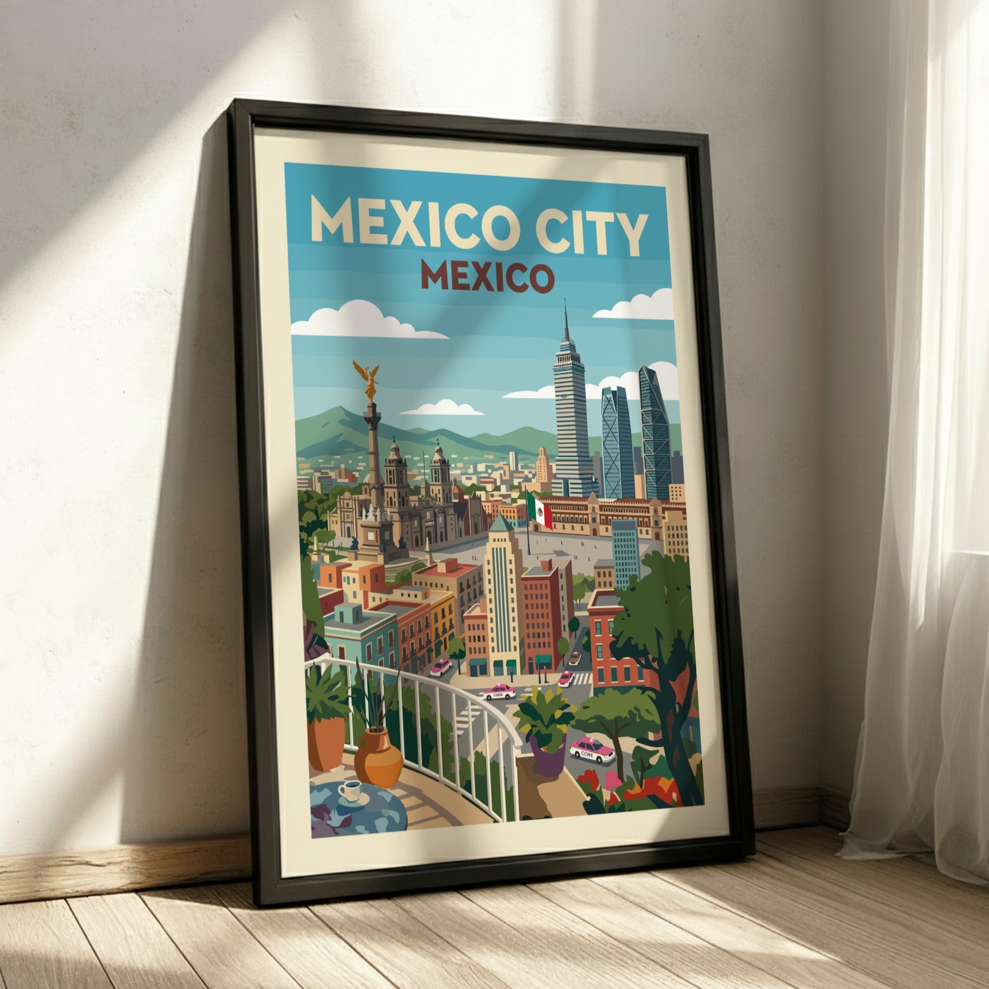 Vintage style poster of Mexico City skyline featuring the Angel of Independence and modern skyscrapers.