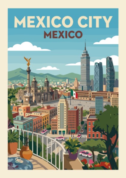 Vintage style poster of Mexico City skyline featuring the Angel of Independence and modern skyscrapers.