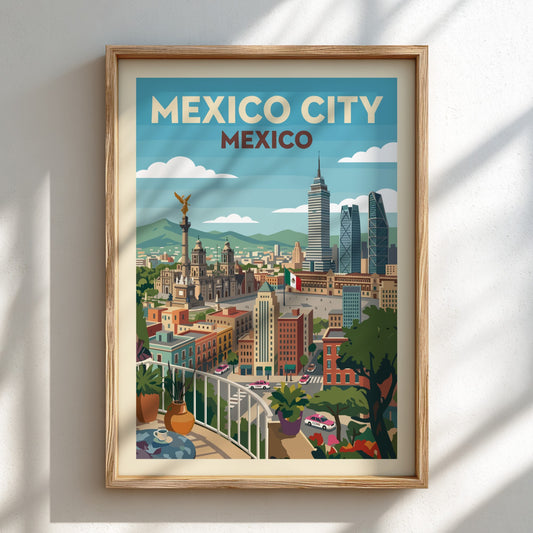 Vintage style poster of Mexico City skyline featuring the Angel of Independence and modern skyscrapers.