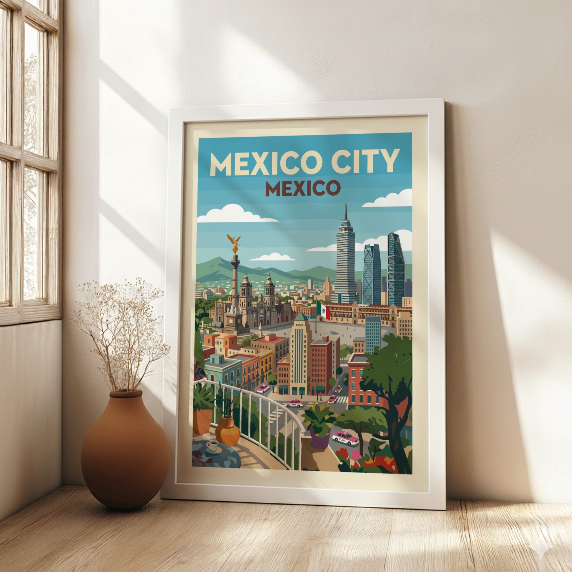 Vintage style poster of Mexico City skyline featuring the Angel of Independence and modern skyscrapers.