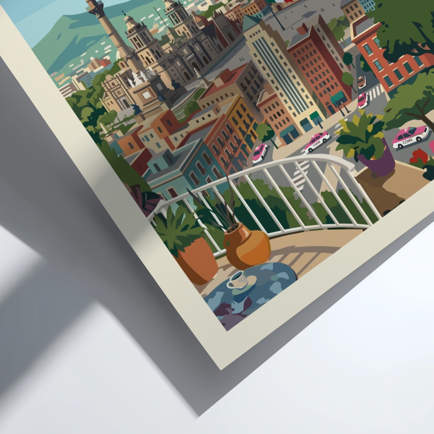 Vintage style poster of Mexico City skyline featuring the Angel of Independence and modern skyscrapers.