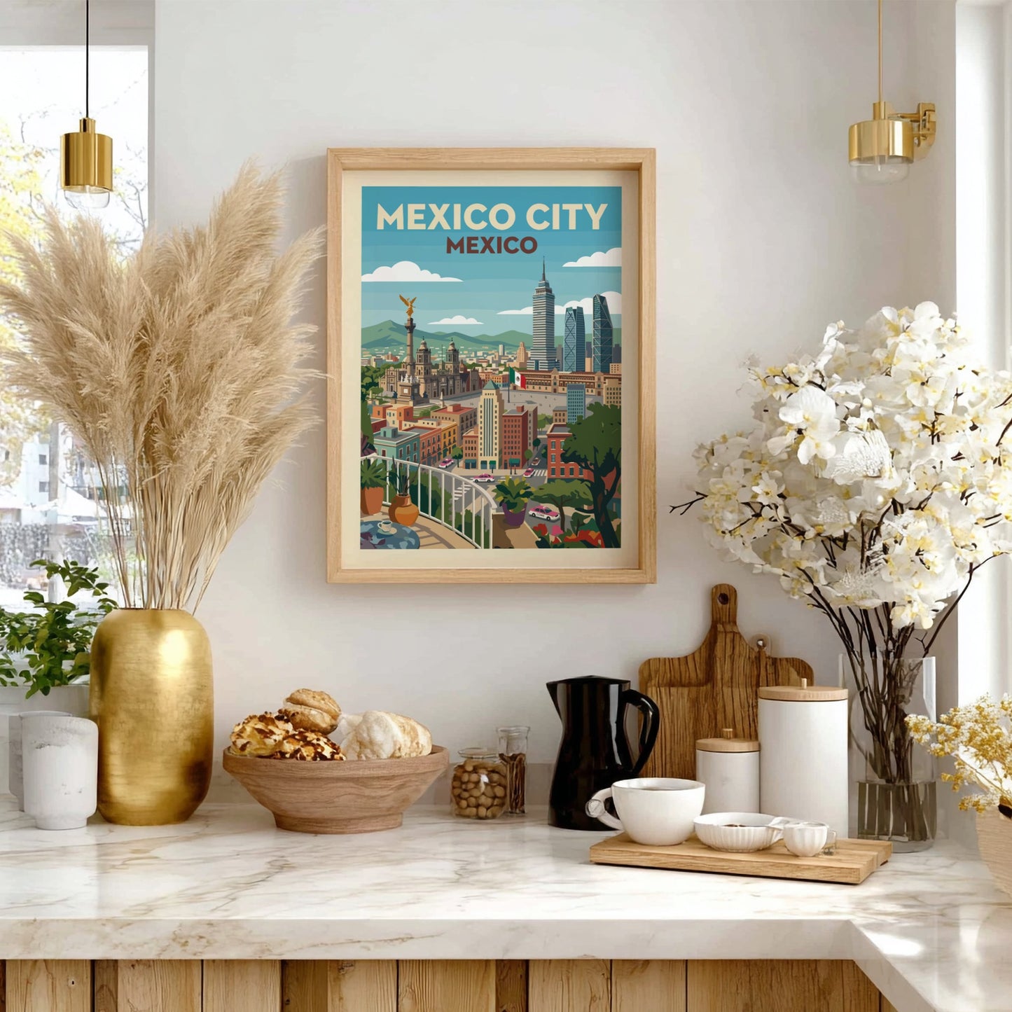 Vintage style poster of Mexico City skyline featuring the Angel of Independence and modern skyscrapers.