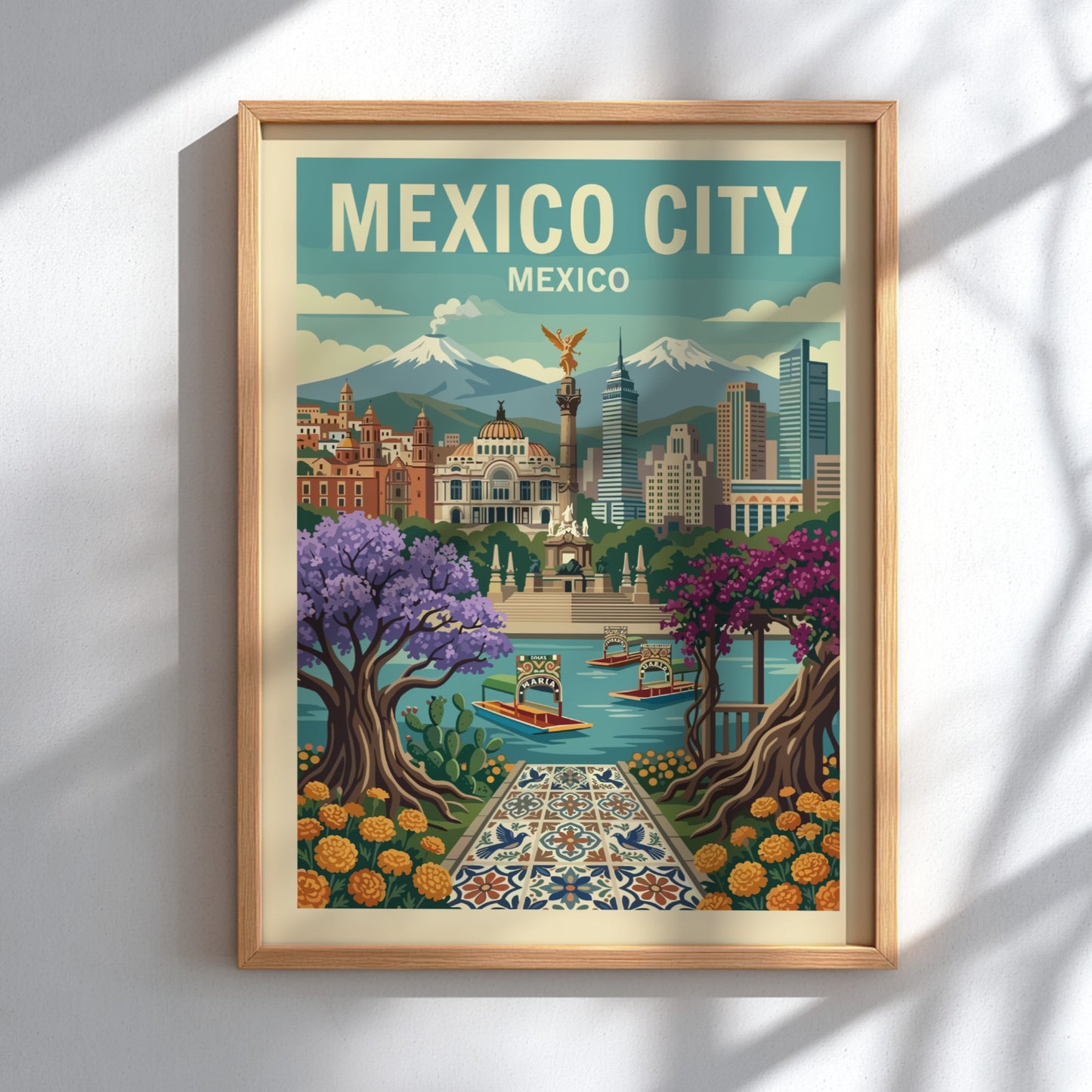 Retro Mexico City travel poster with landmarks, colorful trees, and boats. Travel art print.