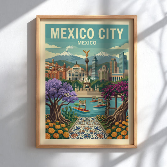 Retro Mexico City travel poster with landmarks, colorful trees, and boats. Travel art print.