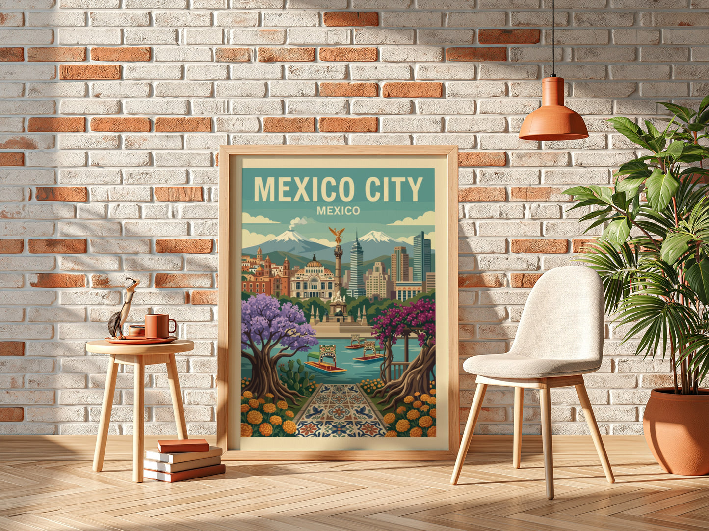Retro Mexico City travel poster with landmarks, colorful trees, and boats. Travel art print.