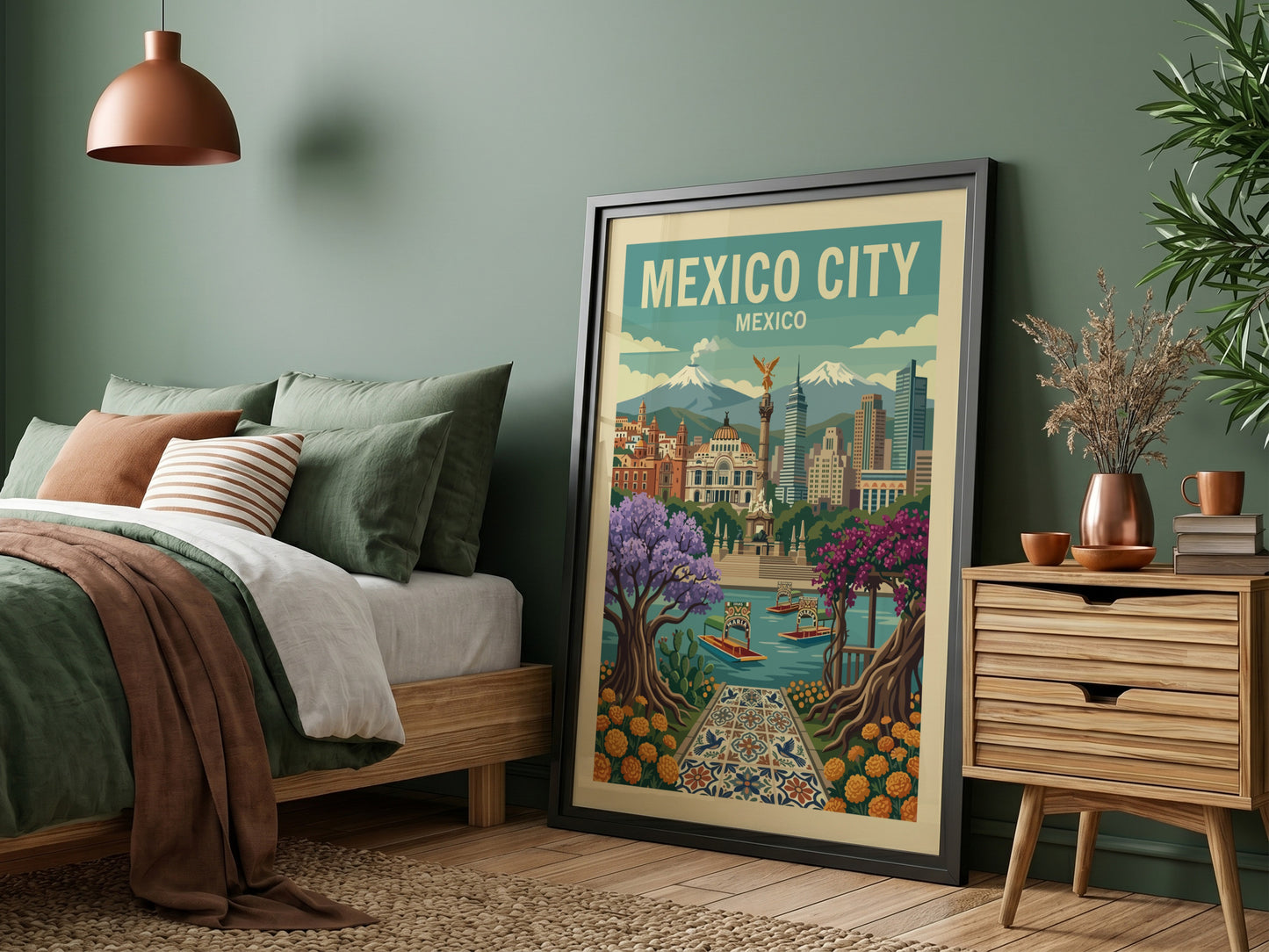 Retro Mexico City travel poster with landmarks, colorful trees, and boats. Travel art print.