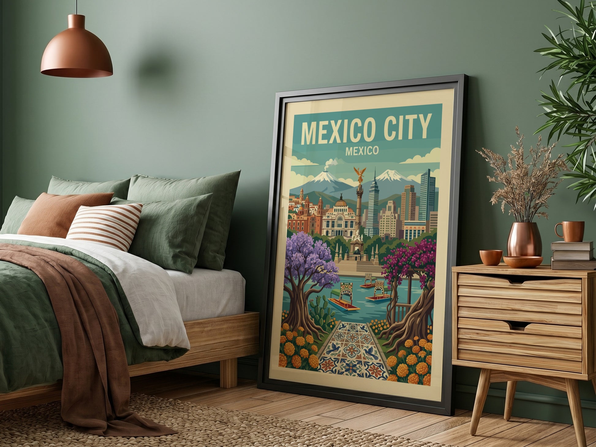Retro Mexico City travel poster with landmarks, colorful trees, and boats. Travel art print.