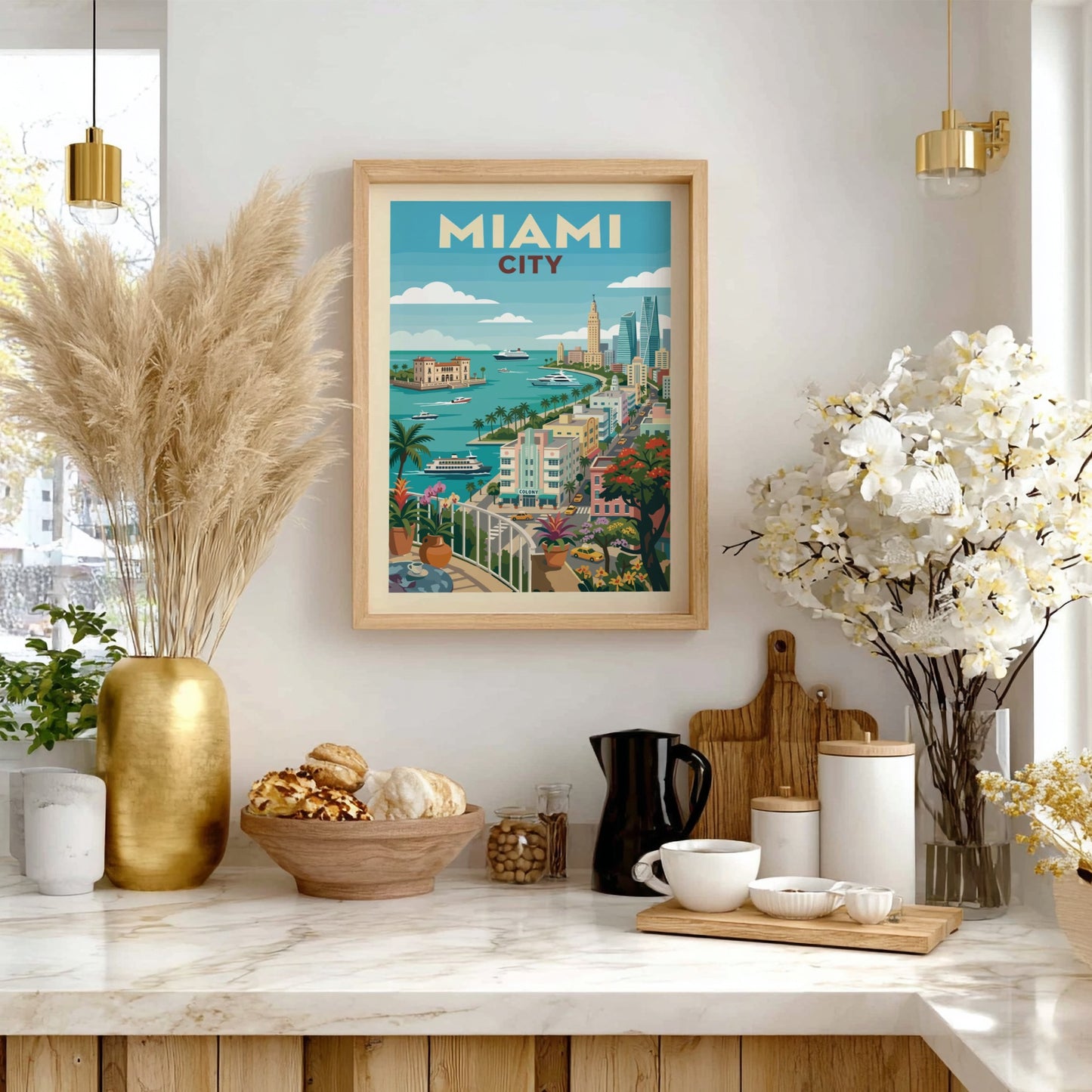 Miami Art Deco cityscape poster with pastel buildings, palm trees, yachts, and turquoise water.