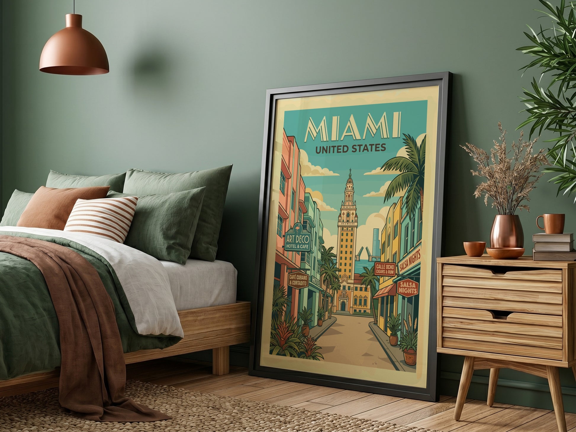 Miami Art Deco travel poster featuring the Freedom Tower and colorful buildings in a retro illustration style.