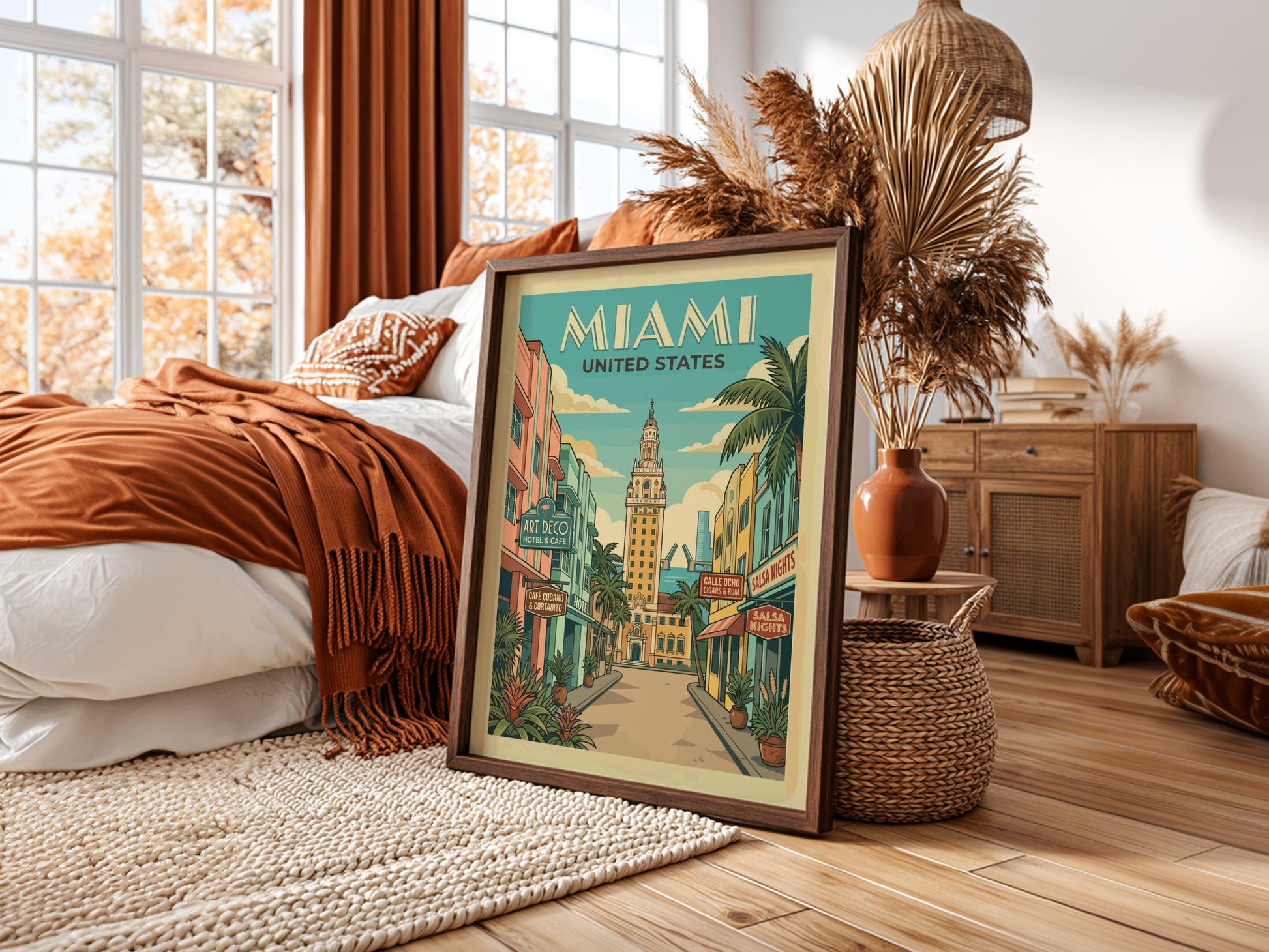 Miami Art Deco travel poster featuring the Freedom Tower and colorful buildings in a retro illustration style.
