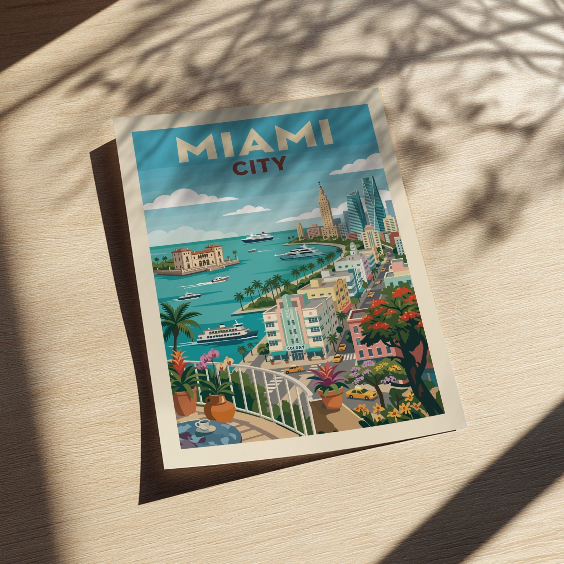 Miami Art Deco cityscape poster with pastel buildings, palm trees, yachts, and turquoise water.