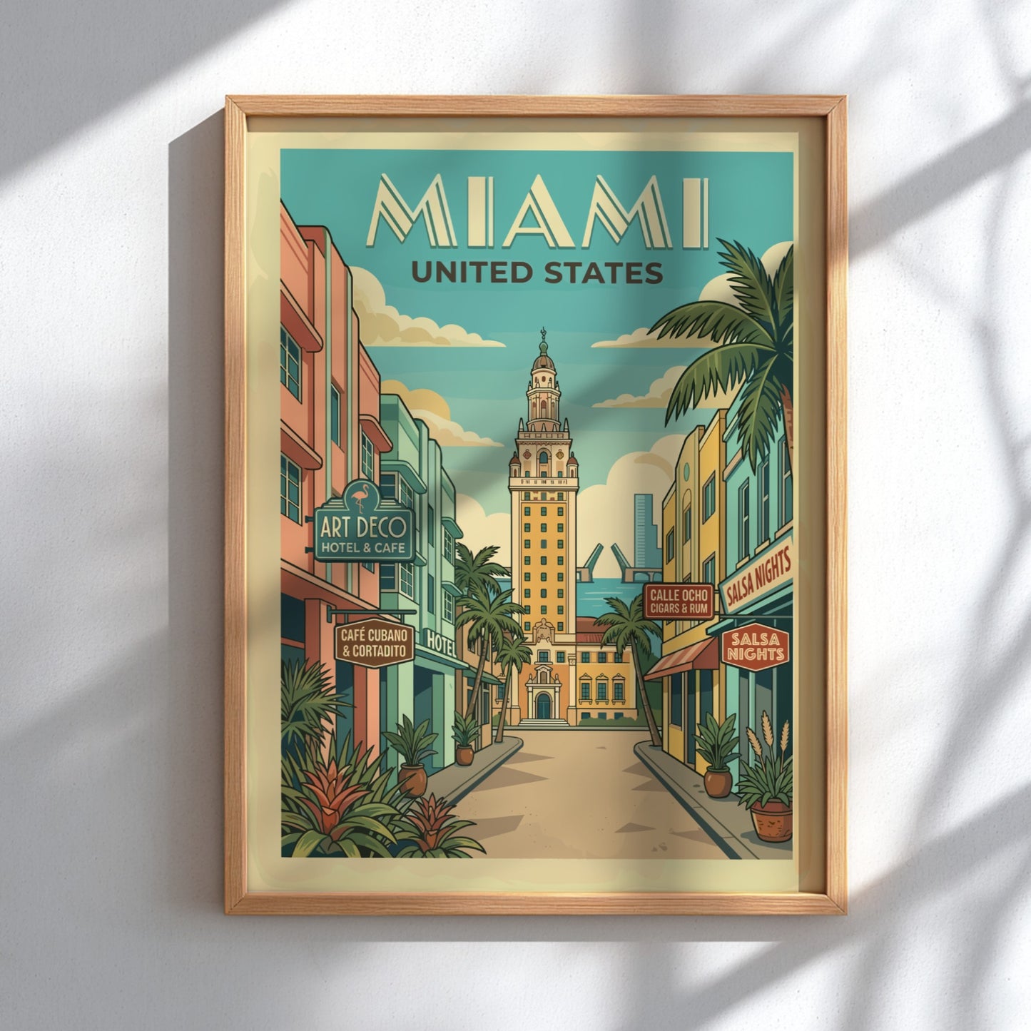 Miami Art Deco travel poster featuring the Freedom Tower and colorful buildings in a retro illustration style.