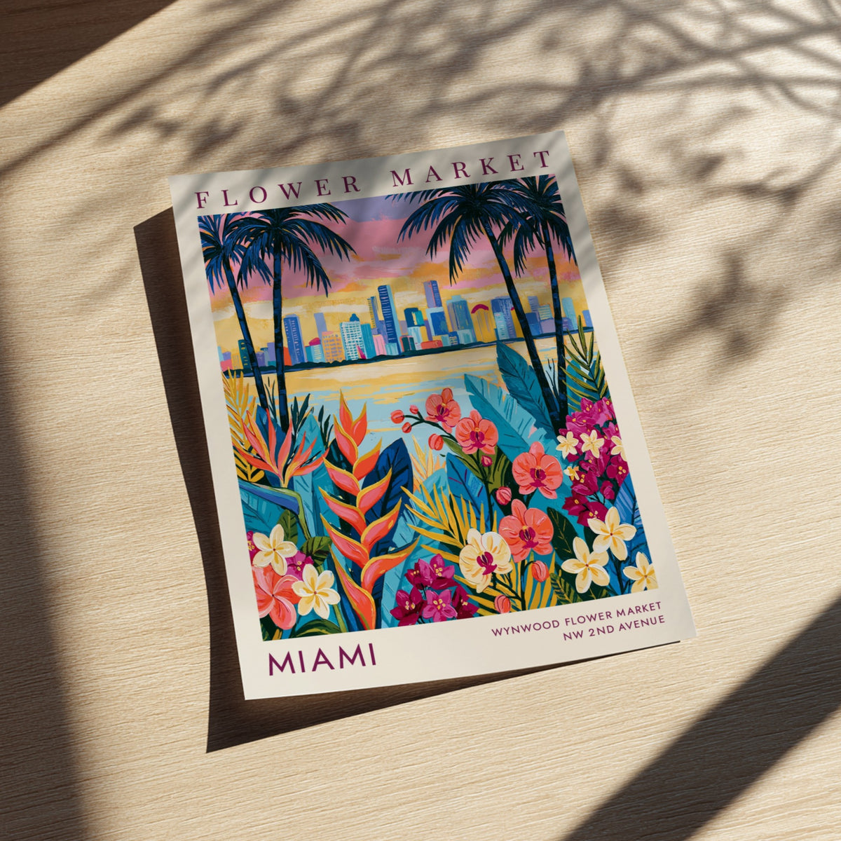 Flower market poster featuring vibrant florals and Miami skyline