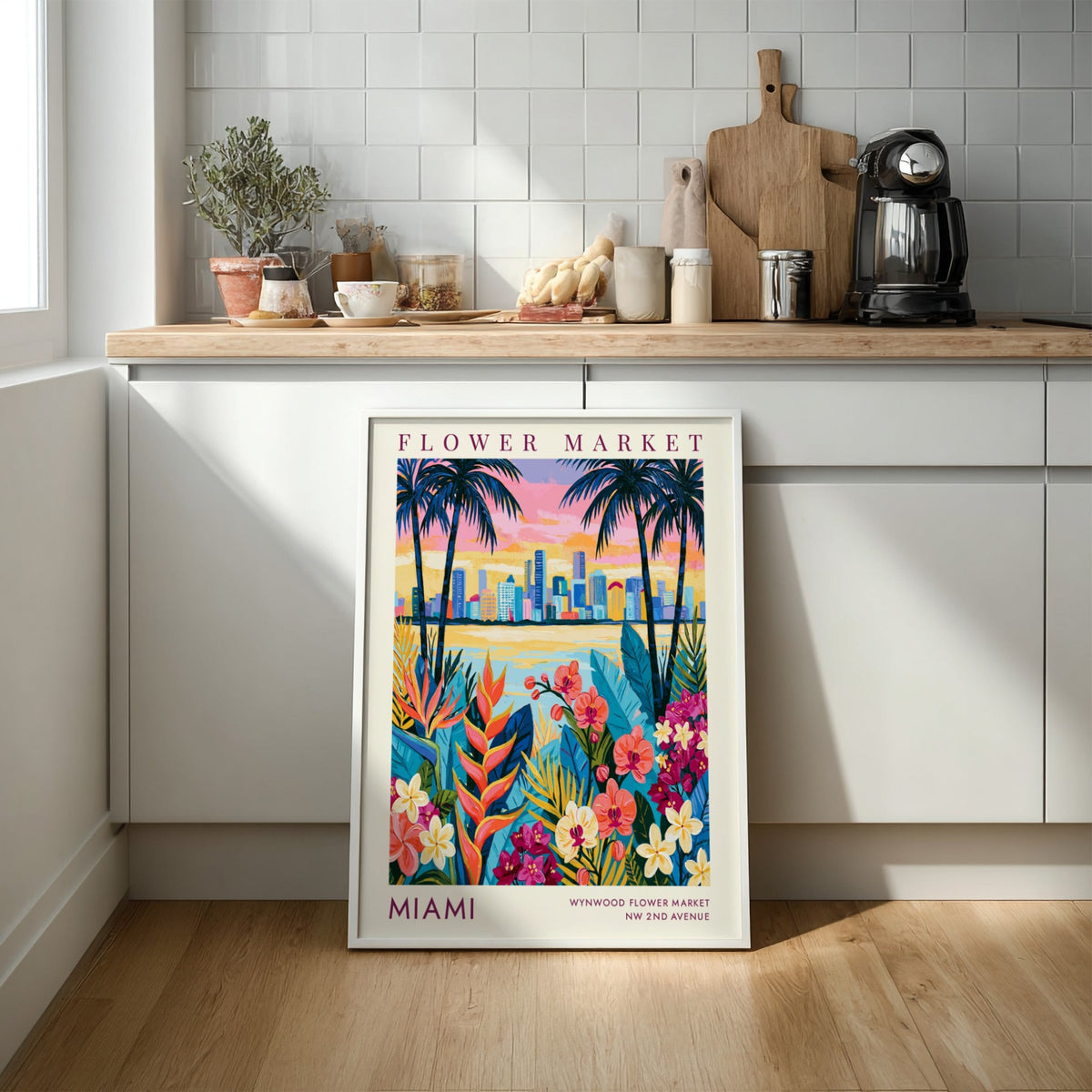 Flower market poster featuring vibrant florals and Miami skyline