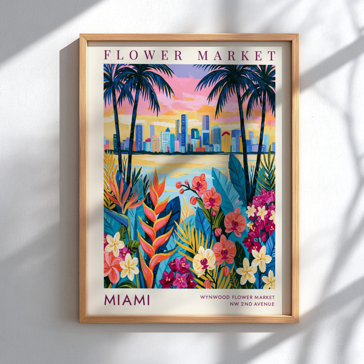 Flower market poster featuring vibrant florals and Miami skyline