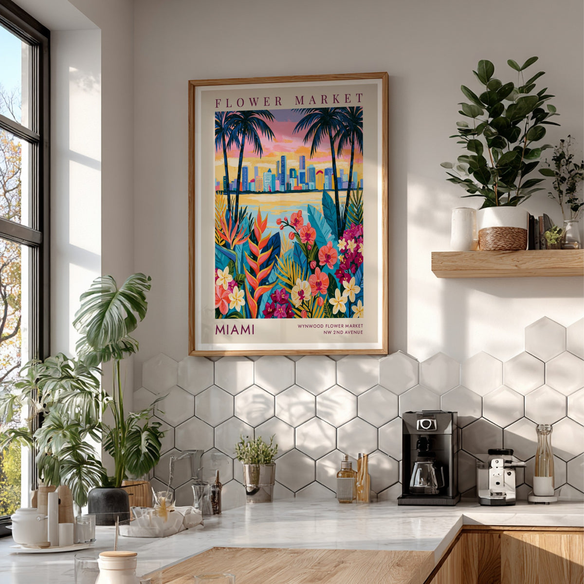 Flower market poster featuring vibrant florals and Miami skyline