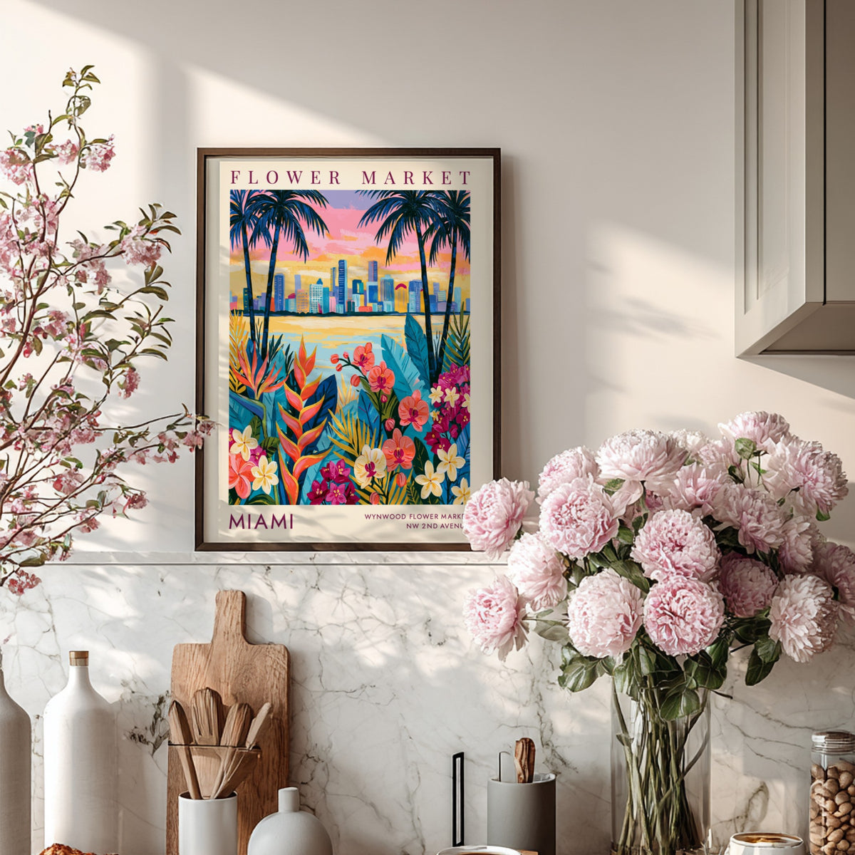 Flower market poster featuring vibrant florals and Miami skyline