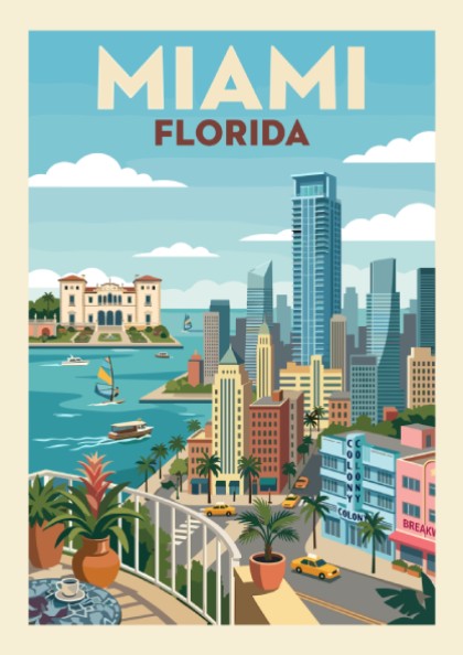 Miami skyline travel poster with vintage style, featuring colorful buildings and turquoise water.