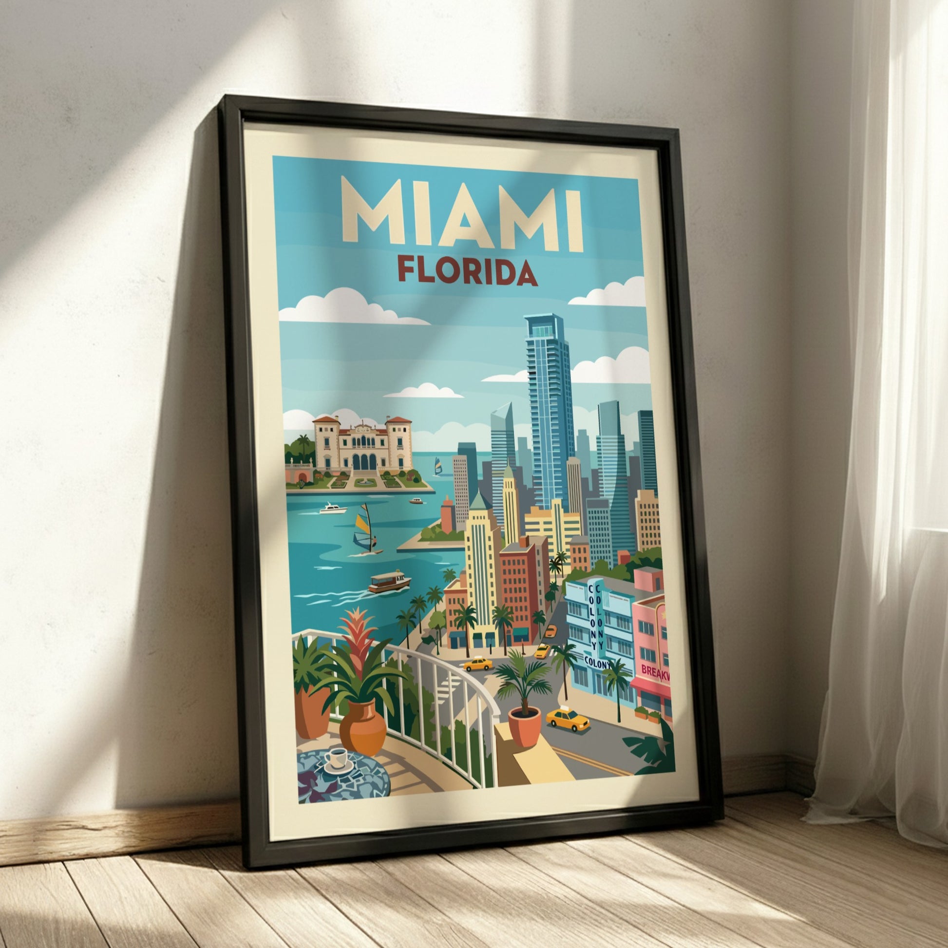 Miami skyline travel poster with vintage style, featuring colorful buildings and turquoise water.