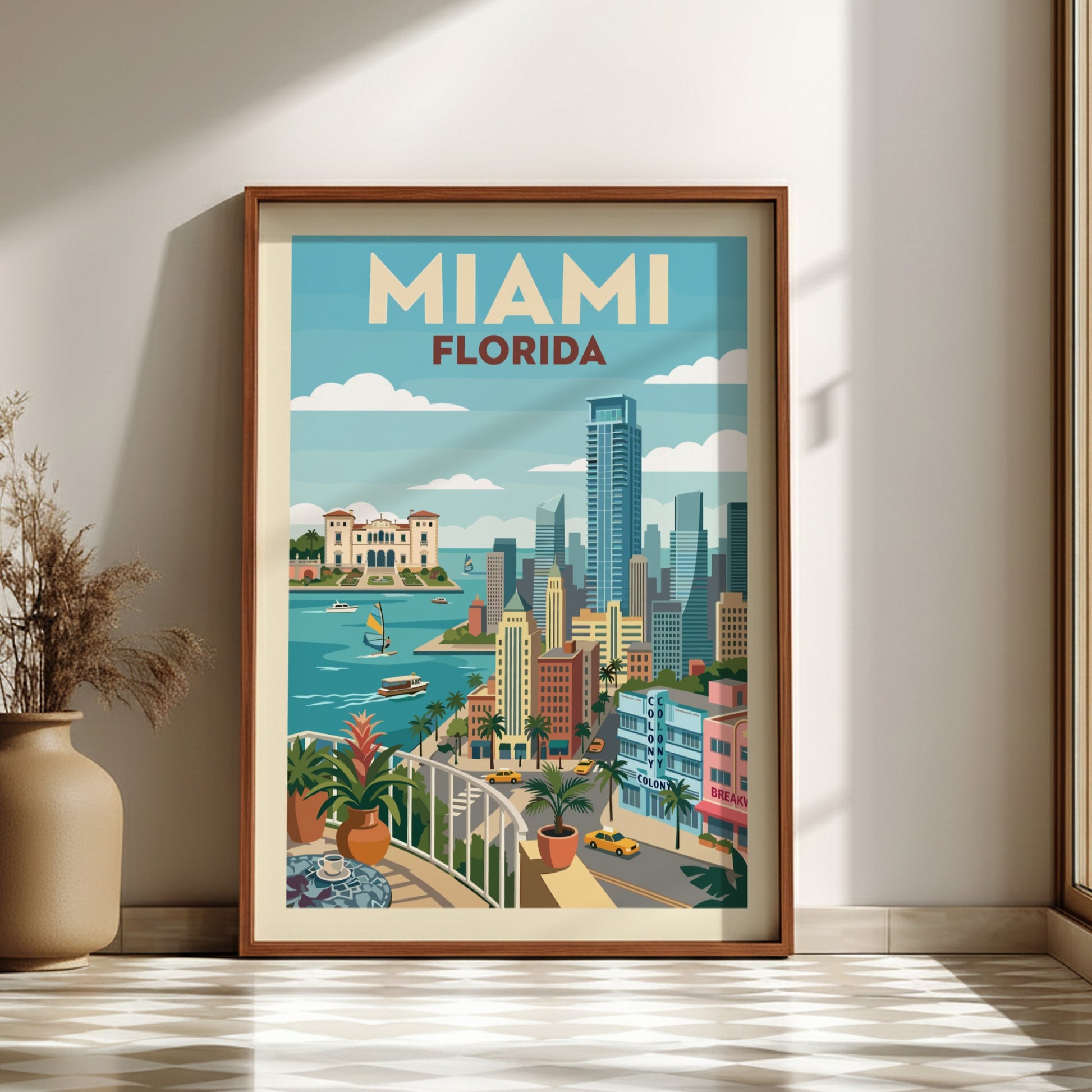 Miami skyline travel poster with vintage style, featuring colorful buildings and turquoise water.