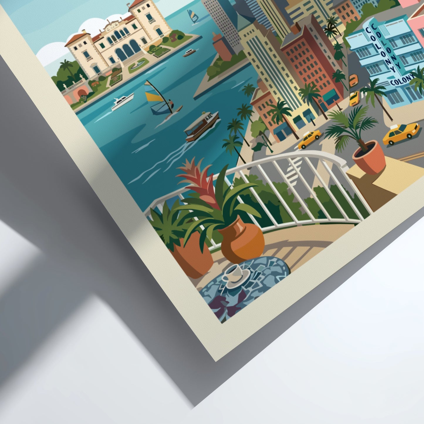 Miami skyline travel poster with vintage style, featuring colorful buildings and turquoise water.