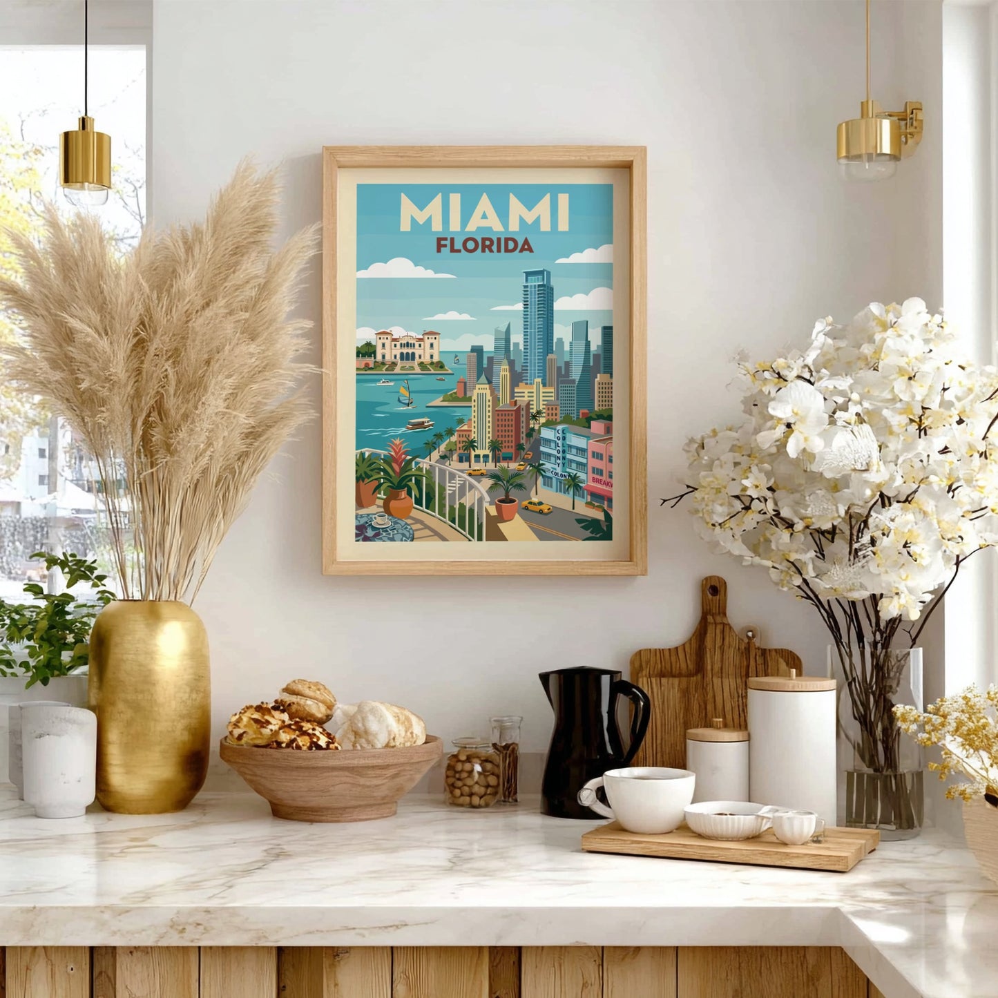 Miami skyline travel poster with vintage style, featuring colorful buildings and turquoise water.
