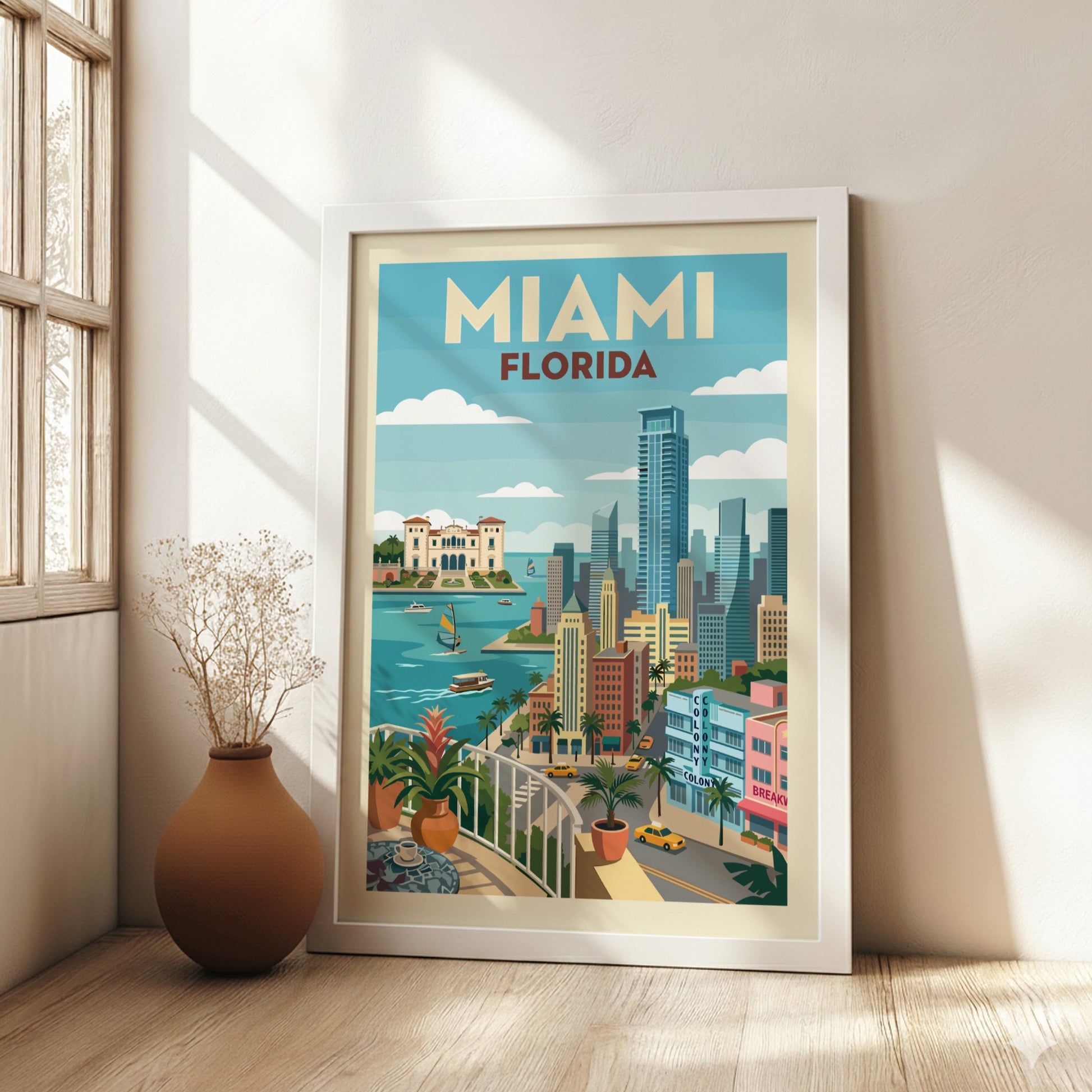 Miami skyline travel poster with vintage style, featuring colorful buildings and turquoise water.