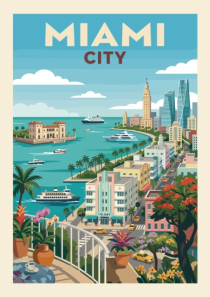 Miami Art Deco cityscape poster with pastel buildings, palm trees, yachts, and turquoise water.