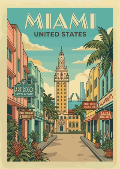 Miami Art Deco travel poster featuring the Freedom Tower and colorful buildings in a retro illustration style.