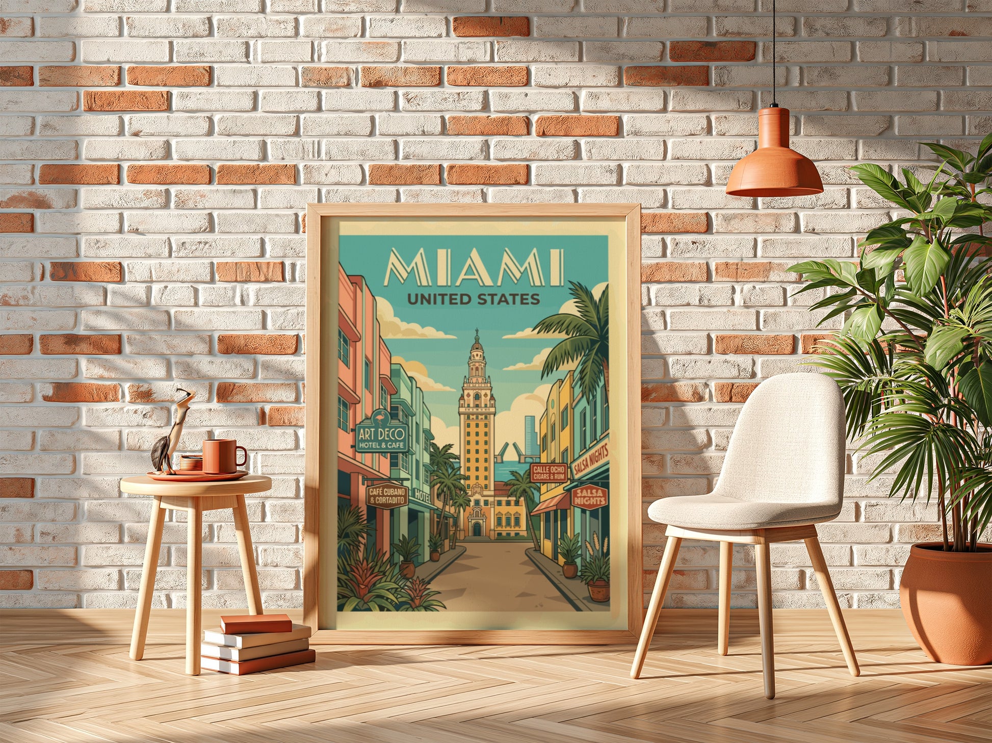 Miami Art Deco travel poster featuring the Freedom Tower and colorful buildings in a retro illustration style.