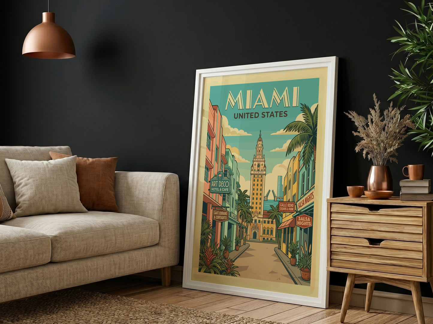 Miami Art Deco travel poster featuring the Freedom Tower and colorful buildings in a retro illustration style.