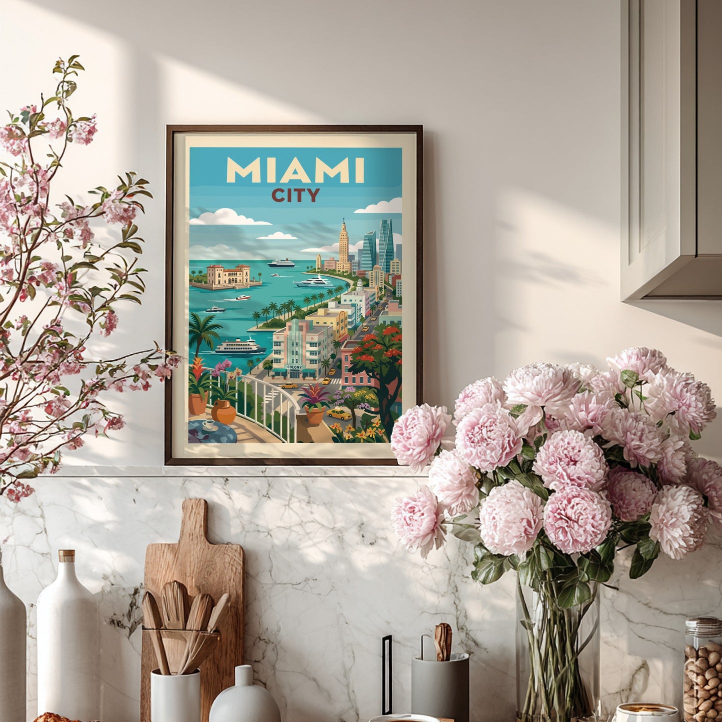 Miami Art Deco cityscape poster with pastel buildings, palm trees, yachts, and turquoise water.
