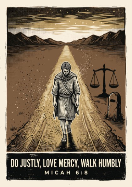 Poster featuring a traveler walking on a path with scales and Micah 6:8 text.